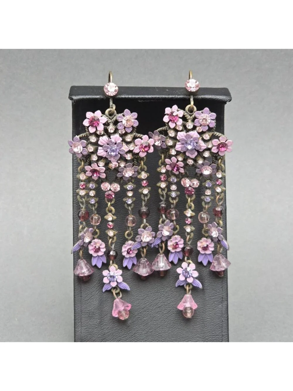 Vintage Michal Negrin Brass Dangle Earrings 4.75" Pastel Floral Crystal Drop - Picture 1 of 11